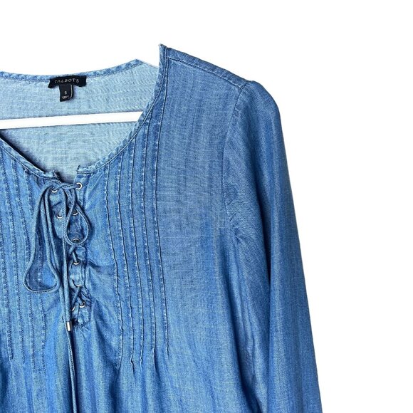 Talbots Blue Chambray Peasant Blouse Womens Small Long Sleeve Boho Top - Picture 5 of 9